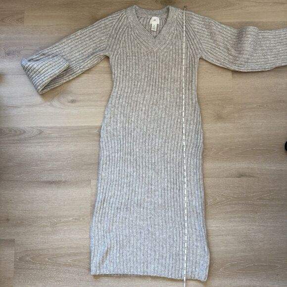 Boho Rib-Knit Wide Sleeves Midi Sweater Dress Sz S H&M Beige Cream Heather Wool - Picture 9 of 10